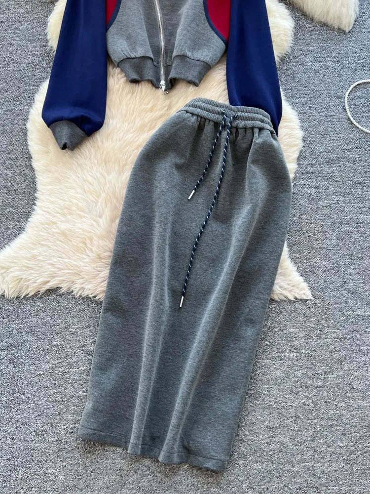 Casual Autumn Outfit Women's Faion Stand Collar Zipper Long Sve Color Blo Sweatirt Jaet High Waist  Skirt Set