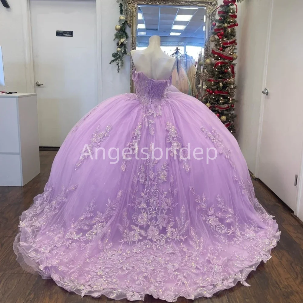 Angelsbride Elegant Lilac Ball Gown Quinnceanera Dress Shiny Lace Applique Beading Mexican Corset Sweet 16 Vestidos De 15 Anos