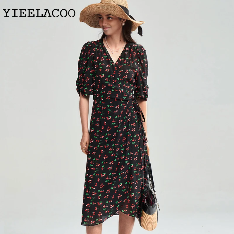 

Floral dress Cherry print 2026 spring / autumn women's dress Leisure vacation one-piece Ladies Classic bottoming dress