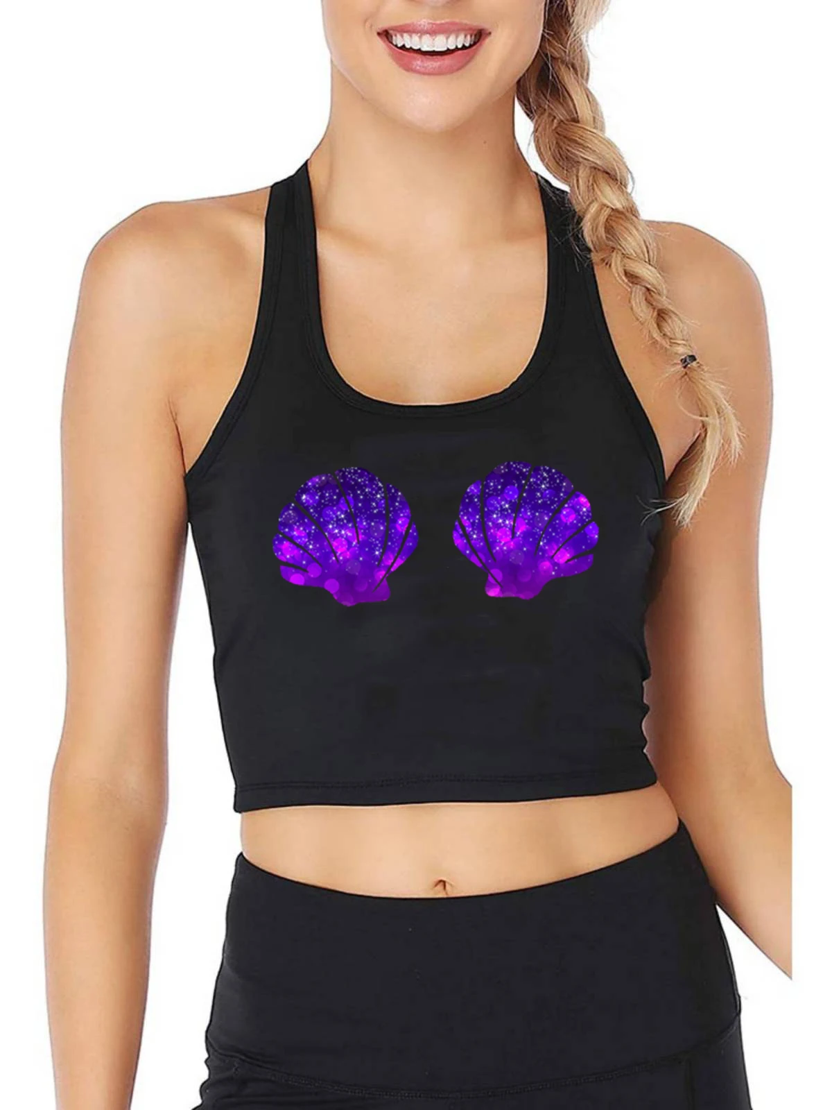 Mermaid Shiny Purple Shell Bra Graphic Crop Top Hotwife Fitness Training Sexy Slim Tank Tops Girl's Beach Vacation Camisole