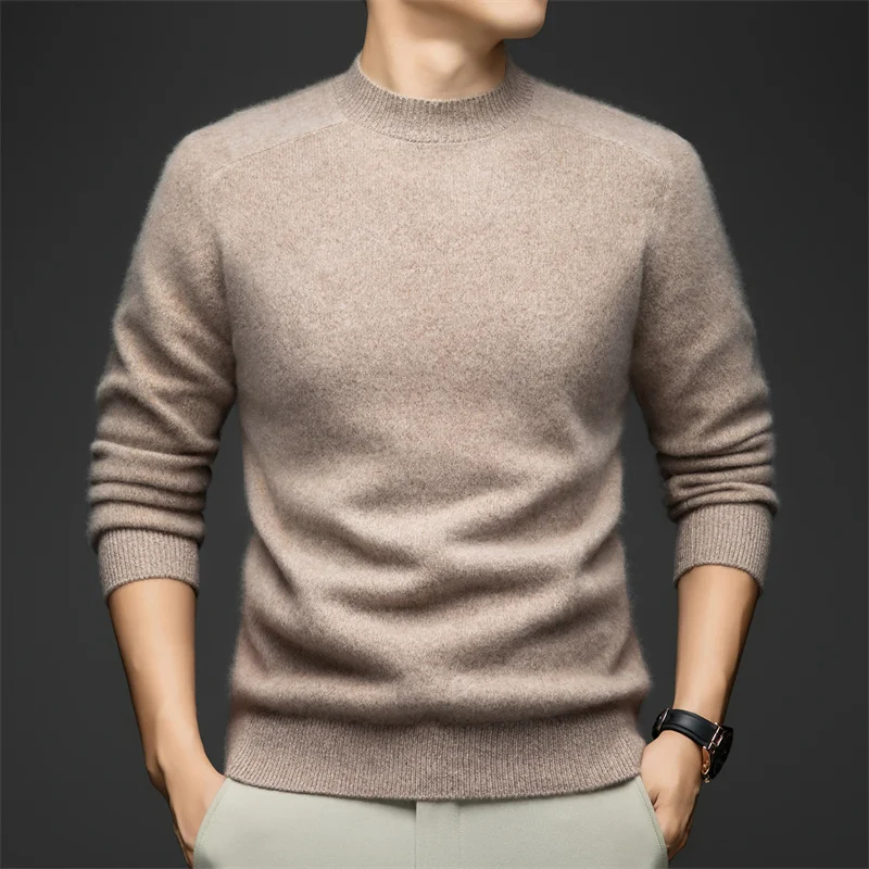 

Мужской свитер из высококачественной 100% шерсти, с воротником-стойкой, гладкий, шелковистый, эластичный, теплый, мягкий, комфортный, однотонный, для зимы.