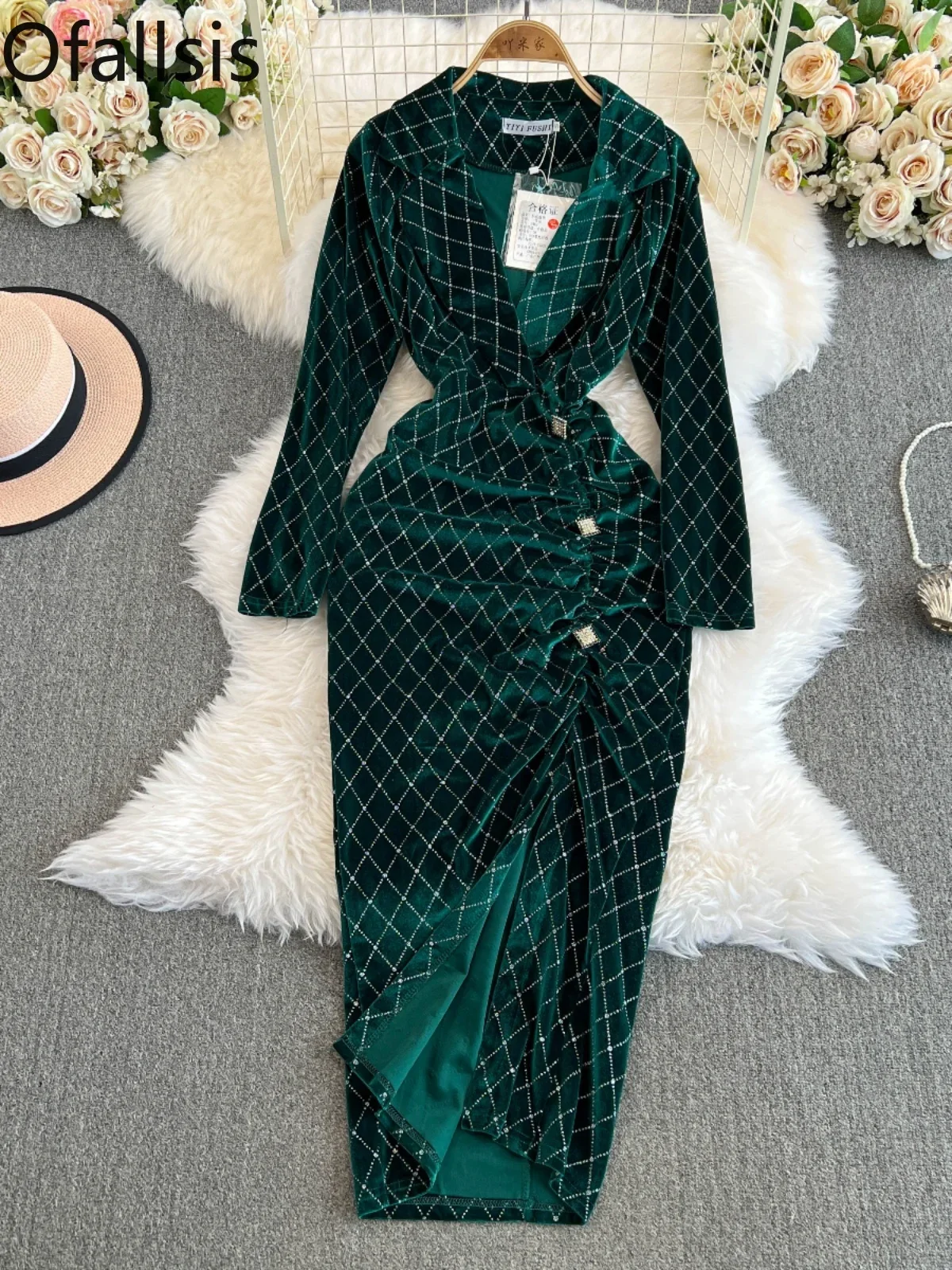 Ofallsis Sexy Temperament Suit Collar Green Gold Velvet Dress Autumn Women's 2024 New Vintage Elegant Coat Slim Fit Long Dresses