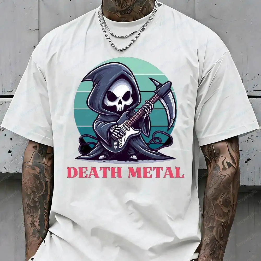 Men's Funny Death Metal Grim Reaper Guitar T-Shirt Retro Sunset Rock Graphic Print Cotton Short Sleeve Music Lover Novelty Tops