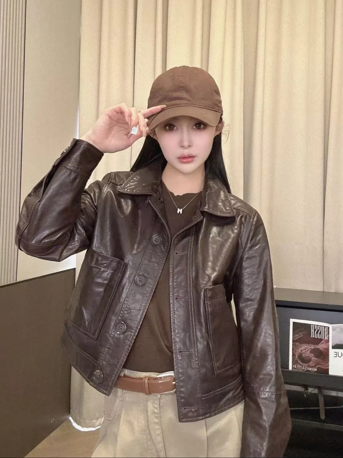 

Retro Tannery Leather Jaet Women's Spring Autumn New Sle Collar Loose eepskin ort Coat Outerwear