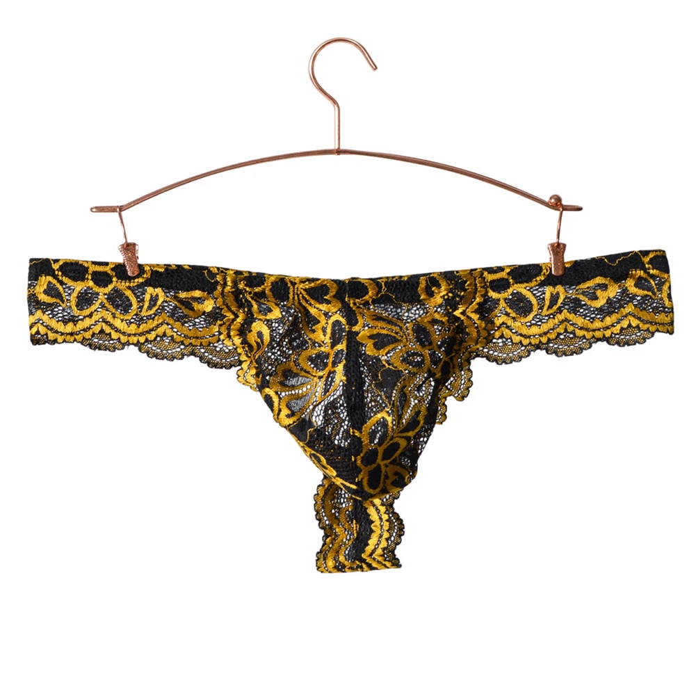 Men\'s Thong with Sheer Fabric Composition Lace Embroidery Artistry and Low Waist Bugle Pouch for Defined Silhouette