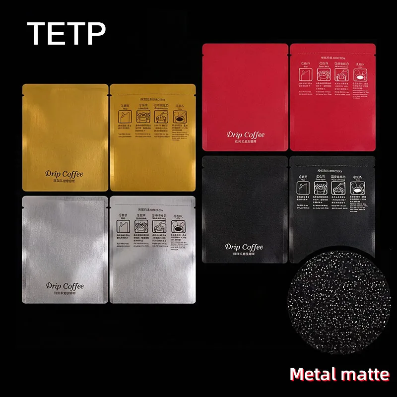 

TETP 100Pcs Aluminum Foil Drip Coffee Bags Metallic Matte Light-Proof Food-Grade Hanging Ear Coffee Powder Packaging Protable