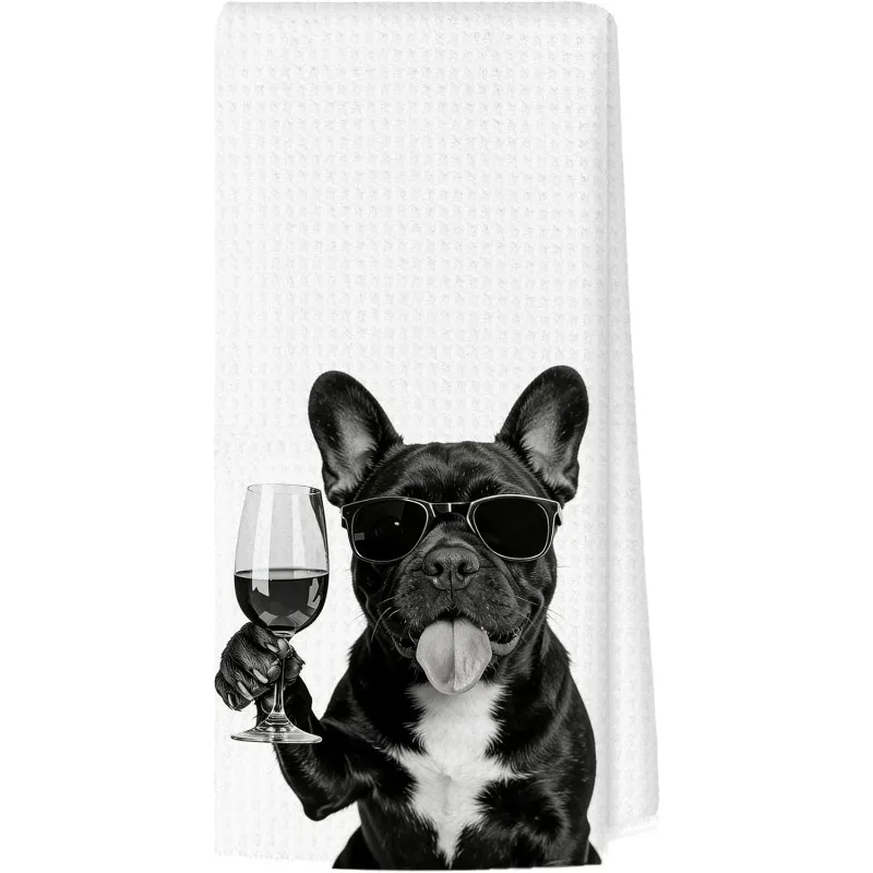 1pc French Bulldog Wine Glass Printed Kitchen Towel, Soft Absorbent Hand Towel, Perfect for Kitchen, Bar, Home, Pet Lover Gift
