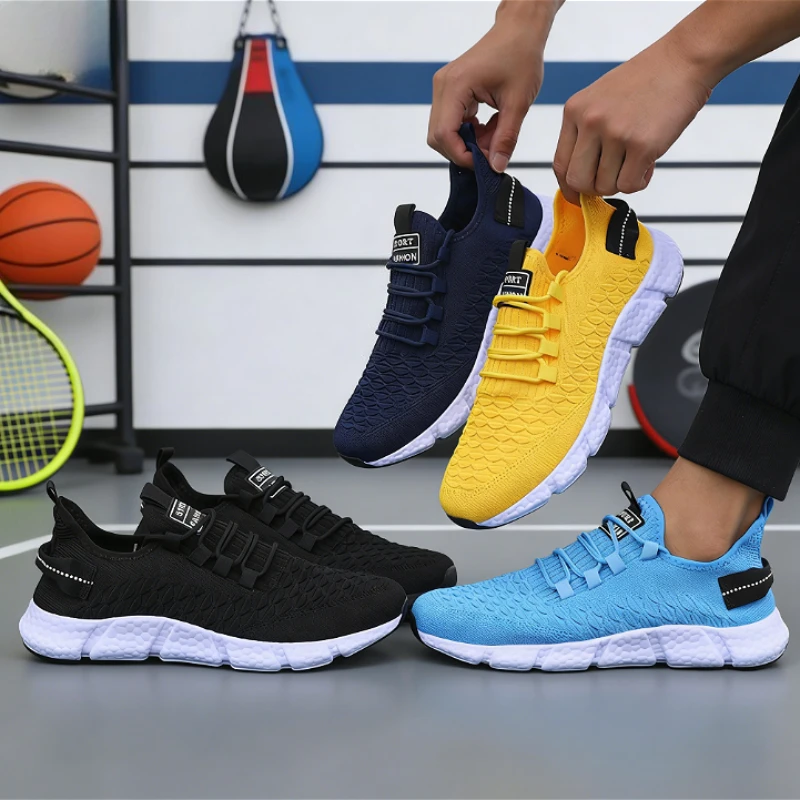 Men's Yellow Knit Running Shoes Lightweight Breathable Sneakers Non-slip Fashion Casual Sports Shoes for Gym Outdoor New Arrival