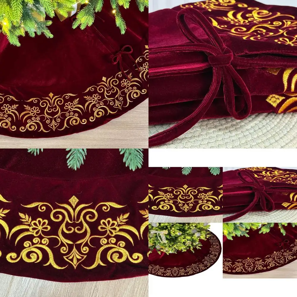 

Burgundy Velvet Christmas Tree Skirt with Gold Embroidery and Plush Lace Ties, 84 Inch