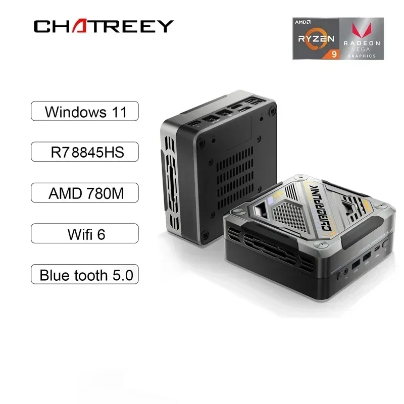 Chatreey-Mini PC con iluminación colorida, ordenador de escritorio para videojuegos, Wifi6, AN3 Ryzen 7 7840HS 8845HS 780M DDR5 4800MHz