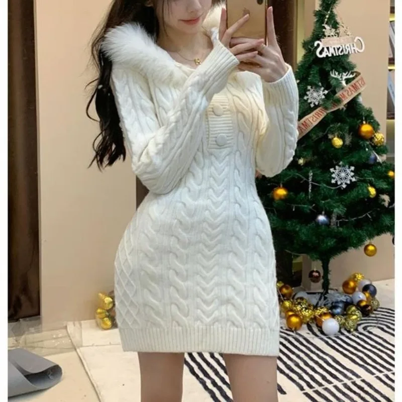 Winter Gentle Lolita Women's 2024 New Pullover Hooded Button Fried Dough Twists Fashion Solid Sweater Knitted Waist Slim Dress