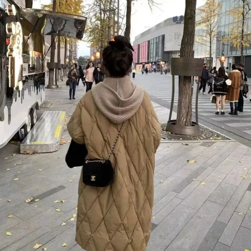 

New light and thin cotton clothes women's medium and long cotton clothes knitted rhombus loose knee cotton-padded clothes