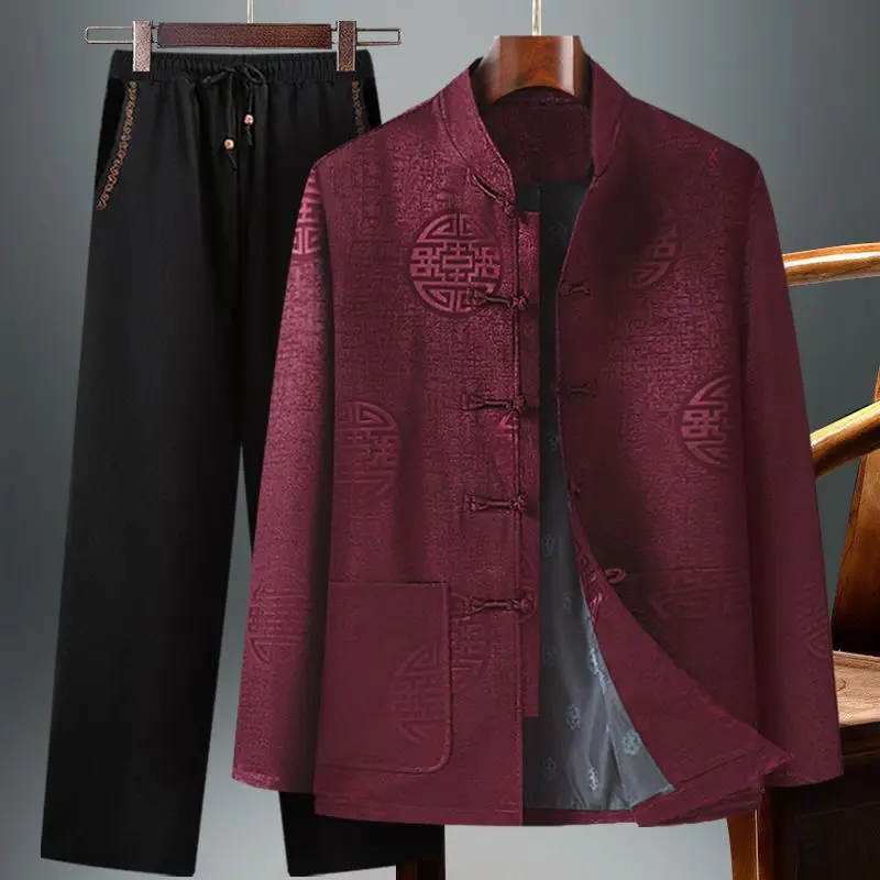 Chinese-style Men's Two-piece Set: Red Jacquard Jacket Paired with Black Embroidered Pants (available in A Thicker Version)
