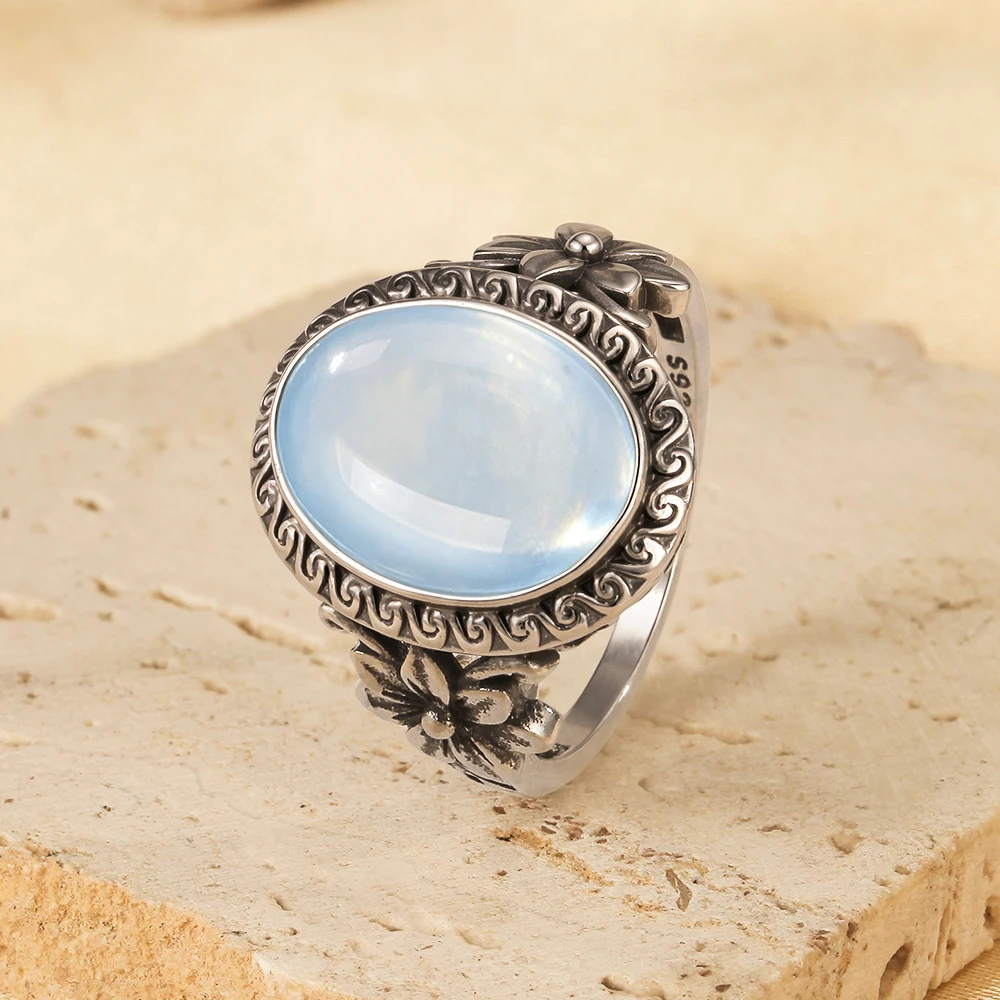 Ring aus 925er Sterlingsilber mit natürlichem Aquamarin, ovale Form, 10 x 14 mm, großer Stein und Blume, Vintage-Retro-Silberschmuck für Damen – Detail 2