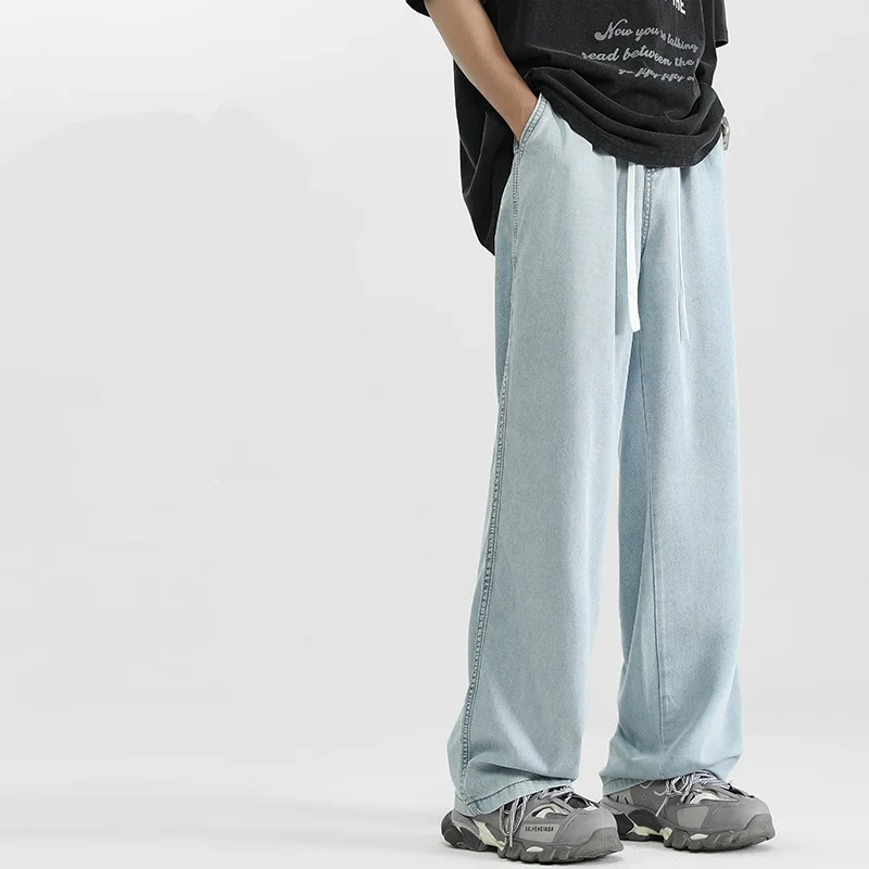 

2025 Spring/Summer New Men's Waist Drawstring Denim Pants Straight Legs Retro Wide Leg Casual Comfortable Jeans Korean Style