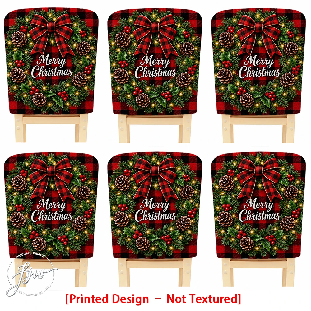 6/4/2pc Christmas Chair Back Covers, Buffalo Plaid Xmas Woven Bow Decor Dining Chair Slipcovers for Holiday Party Home Decor