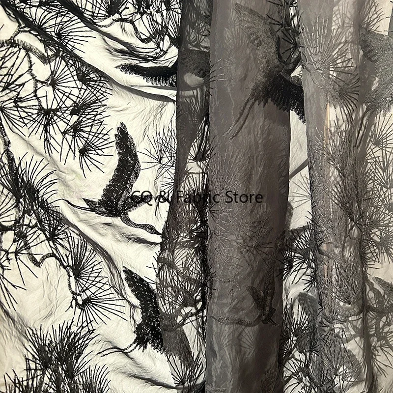 High-Quality Embroidered Organza Fabric with Chinese-style Pine Crane Pattern for Wedding and Evening Dress Designers By Yard