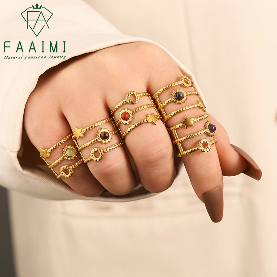 الحجر الطبيعي 18K الفولاذ المقاوم للصدأ الجمشت الحجر الأحمر الأخضر اليشم حجر عين النمر الأزرق الحجر الرملي الكريستال على شكل نجمة حلقة مفتوحة