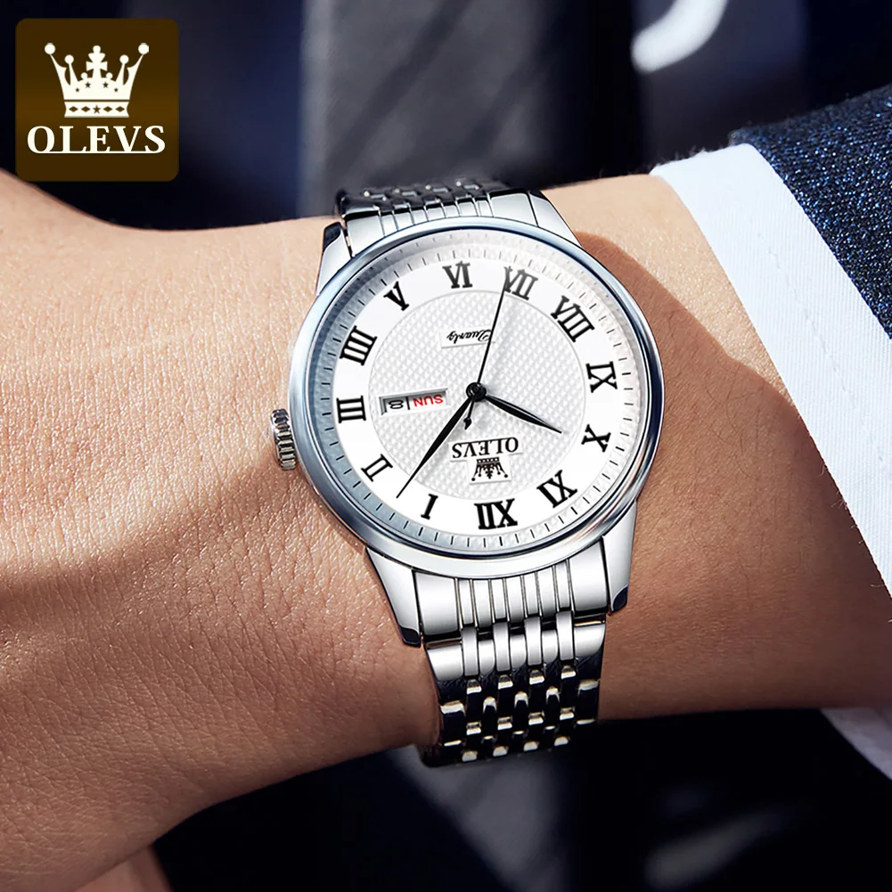 OLEVS Men‘s Watches Classic Simple Original Quartz Watch for Man Stainless Steel Waterproof Roman Scale Wristwatch Date Week