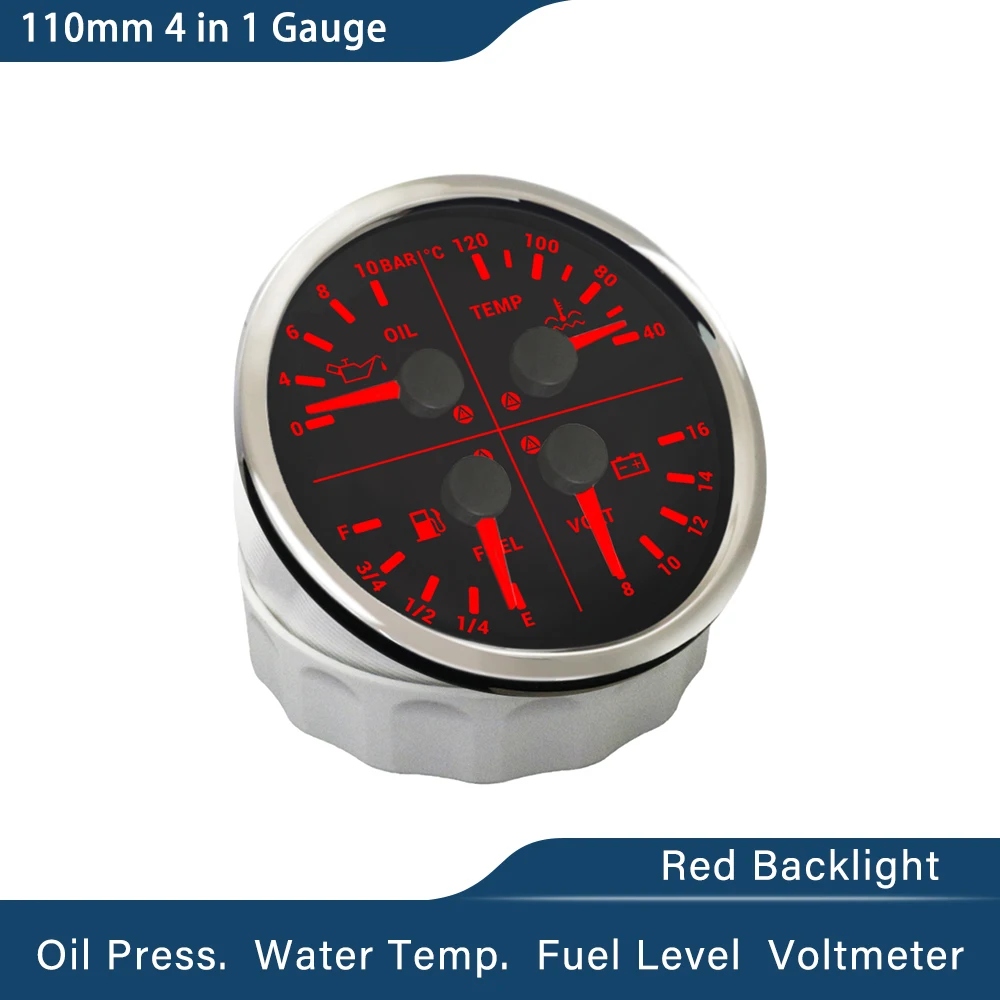 

ELING 110 мм 4 в 1, манометр 0-10 бар, давление масла, температура воды, вольтметр уровня топлива со световой сигнализацией, водонепроницаемый для автомобиля, лодки, яхты, 12 В