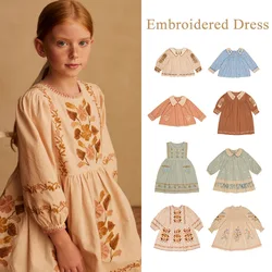 Korean Girls Dress 2024 New Spring APO Girl Cute Flower Embroidery Long Sleeve Princess Dresses Baby Toddler Fashion Dress Kids