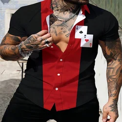 Camisa masculina estampada de pôquer e padrão geométrico, manga curta, meia manga, solta, casual, cardigã estilo punk, XS-5XL