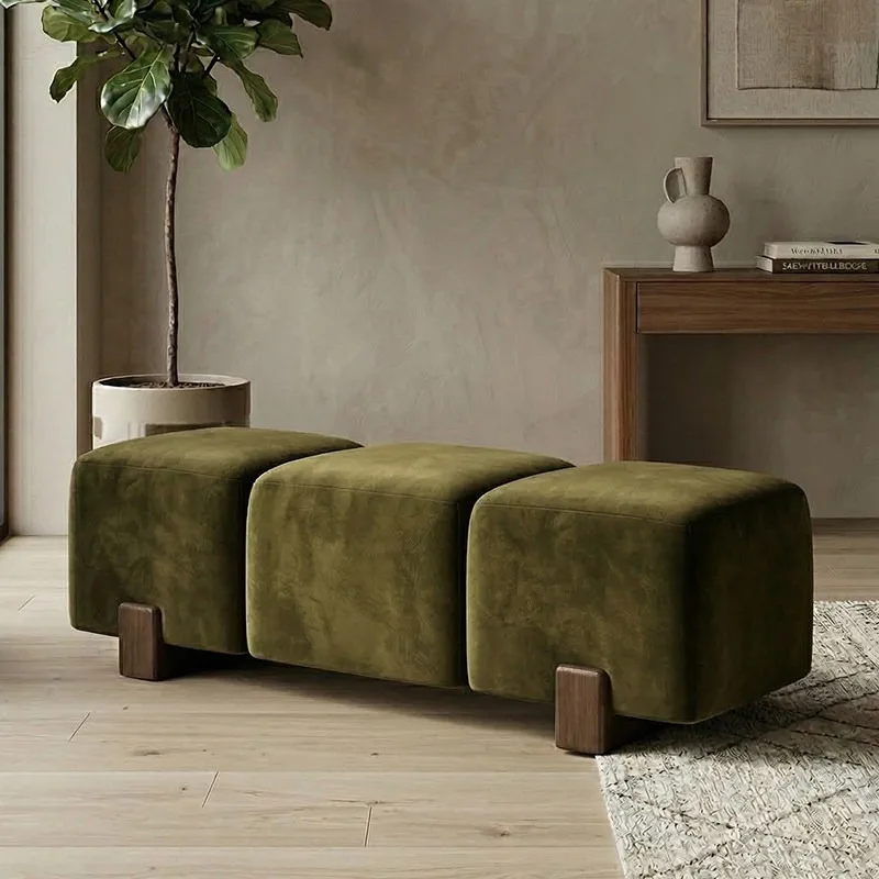 

Nordic high-end simple retro wind sofa stool foot pedal three-color splicing suede bench living room shoe change stool bedside s
