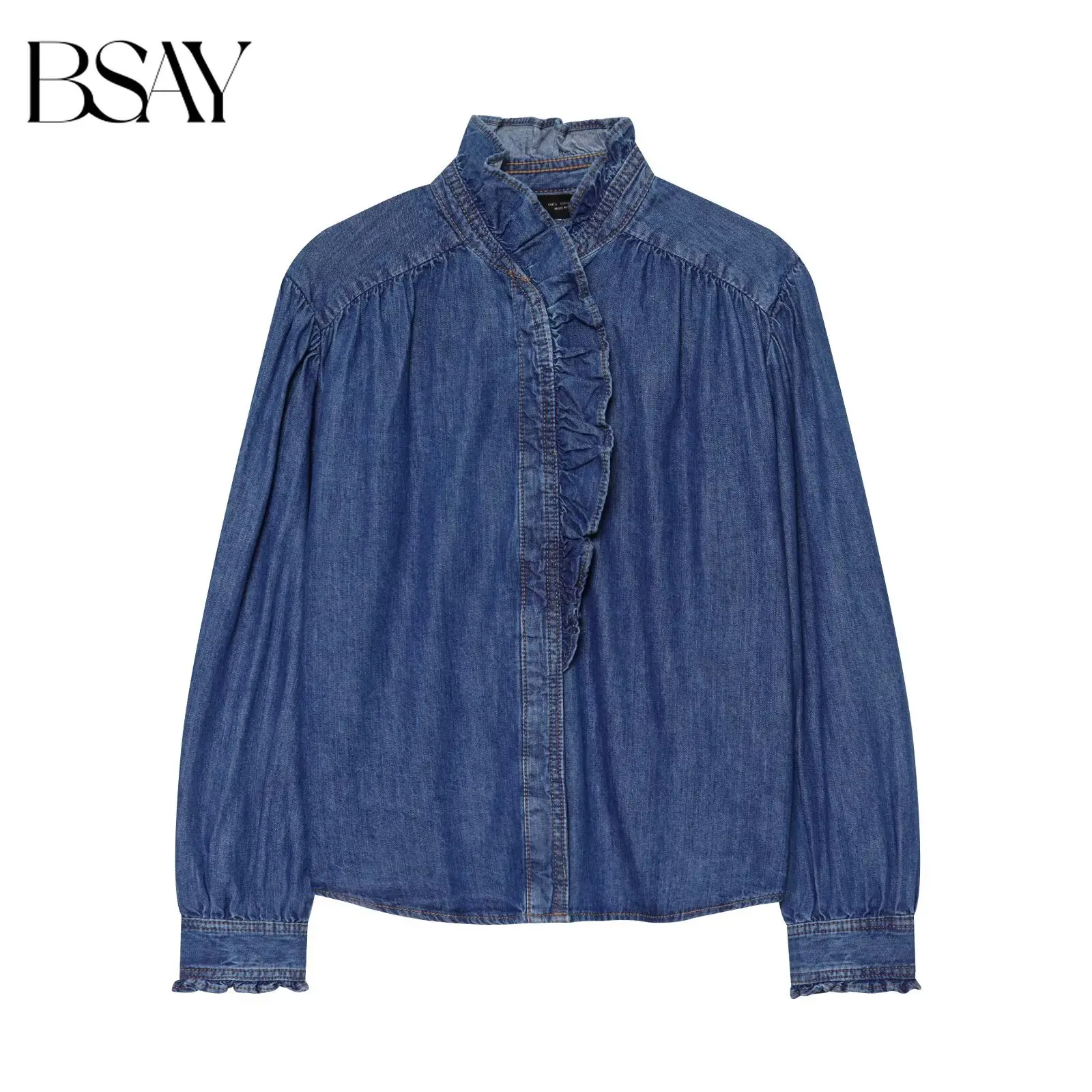 BSAY Autumn Retro Artistic Women Ruffle Detail Denim Blouse Frill High Neck Raglan Long Sleeve Loose Vintage Jean Shirt Blouse