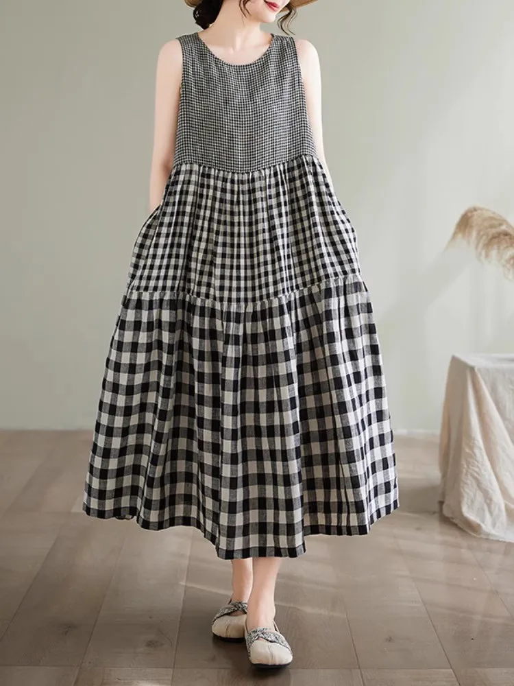 

Vintage Literary Plaid Women Tank Dresses 2025 New Summer Oversized Patchwork Sleeveless Maxi Dress Casual Loose Vest Dress
