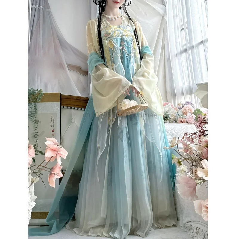 

Traditional New Hanfu Set Women Tang Dynasty Qi Xiong Gradient Fairy Flowing Pleated Skirt Chinese Style Outfit