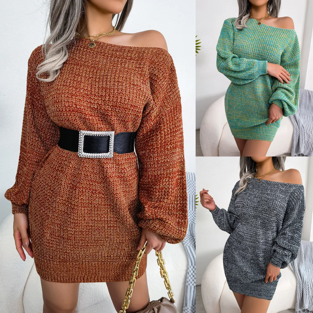 

Spring And Autumn Women's Casual Off-Shoulder Color Lantern Sleeve Knitted Dress Fashion Sexy Female & Lady Elegant Dresses