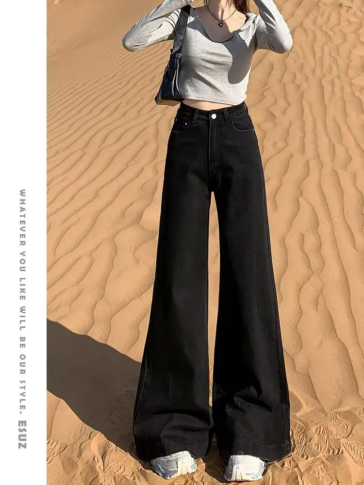 

plus Size Women's Black Wide Leg Jeans High Waist Loose Slimming Drapey Casual Cotton High Waist Faded Zipper Fly Spring Autumn