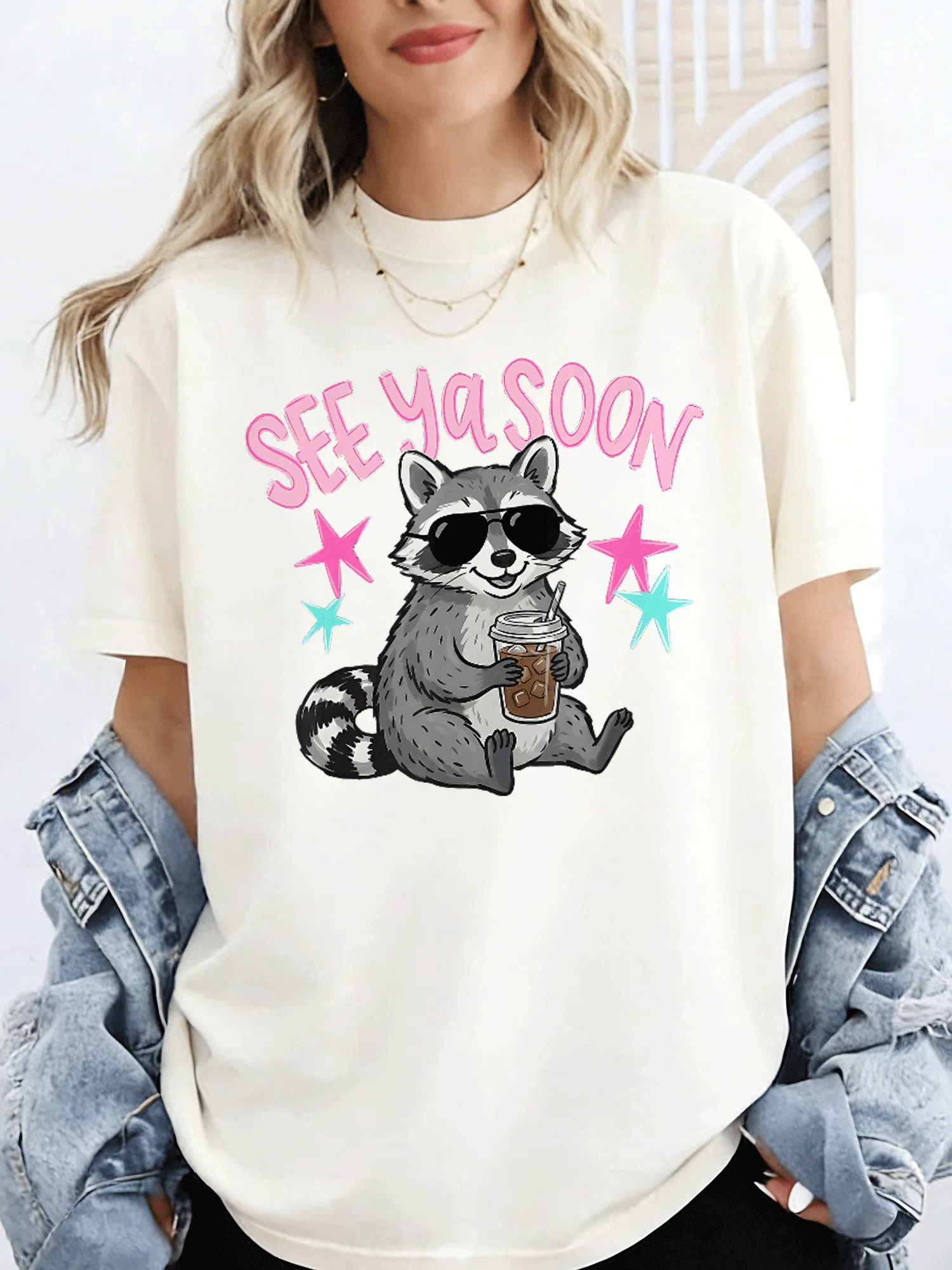Cute See Ya Soon Raccoon Coffee Sunglasses Star Art Print Graphic Womens T Shirt Short Sleeve Crew Neck Casual Ladies Tee Tops