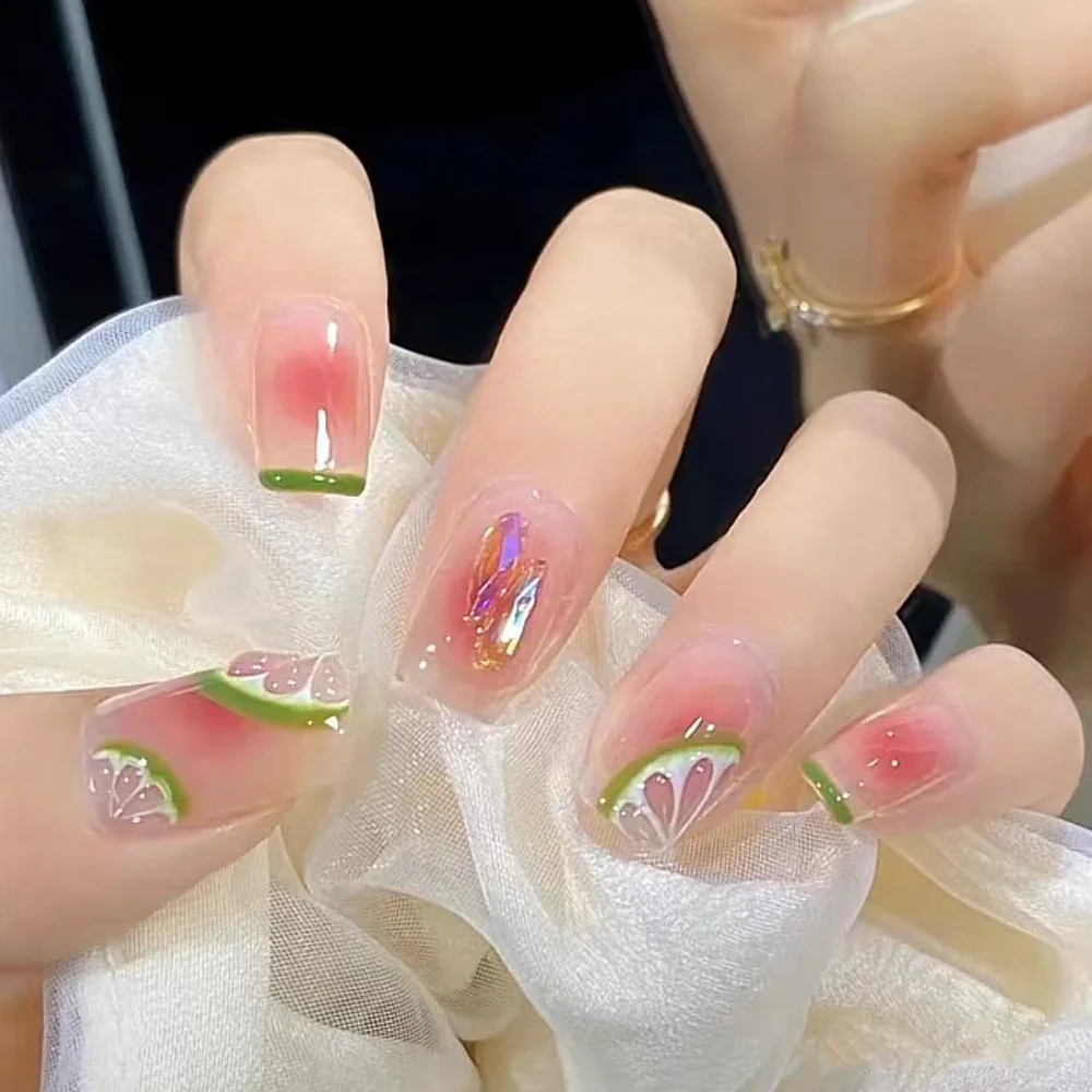 Fashion Blush French Tips DIY Manicure Square Head False Nails With Designs Summer Fresh Green Lemon Fake Nails Press On Nails