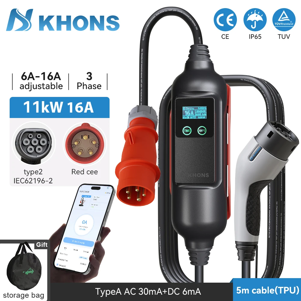 Khons 11KW Typ2 tragbares EV-Ladegerät 16A 3-Phasen-Ladegerät für Elektroautos, Verbindungssteuerung, Ladegerät für Elektrofahrzeuge über APP