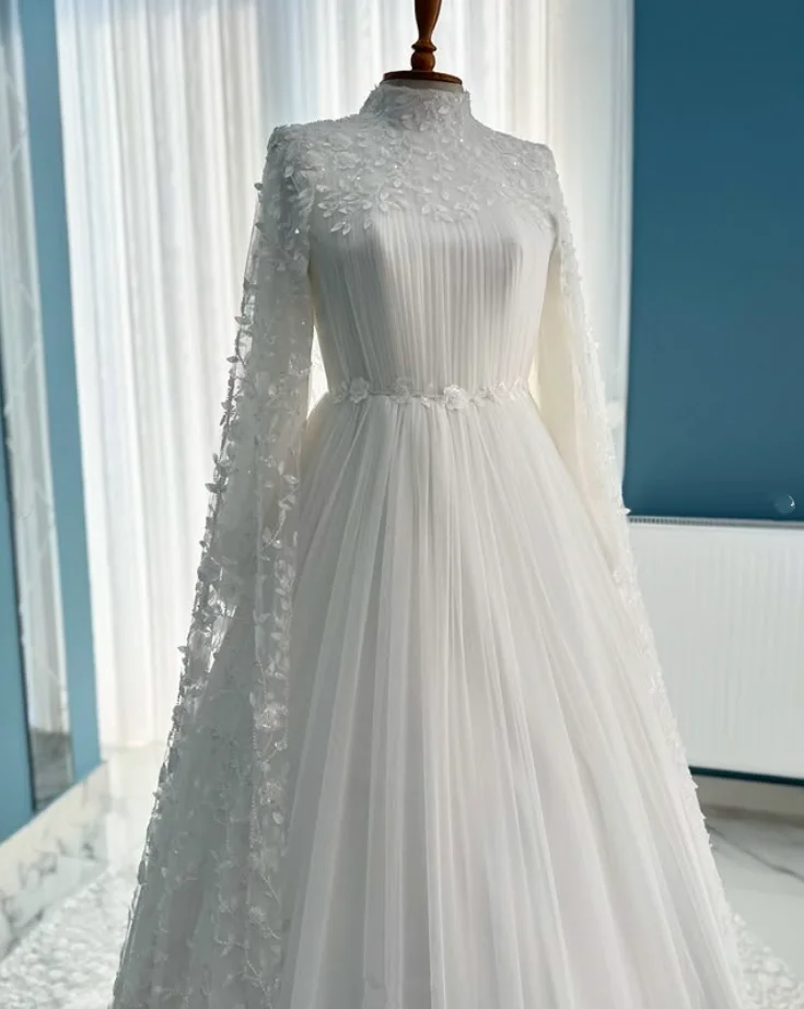 Robe de mariée Caftan musulmane turquie, avec Cape, col haut, dentelle florale, manches longues plissées, tenue de princesse personnalisée