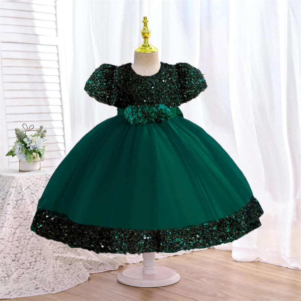 3-10Yrs Christmas Party Sequins Girls Dress Green Flower Birthday Wedding Princess Kids Dresses for Girl Bridemaids Evening Gown