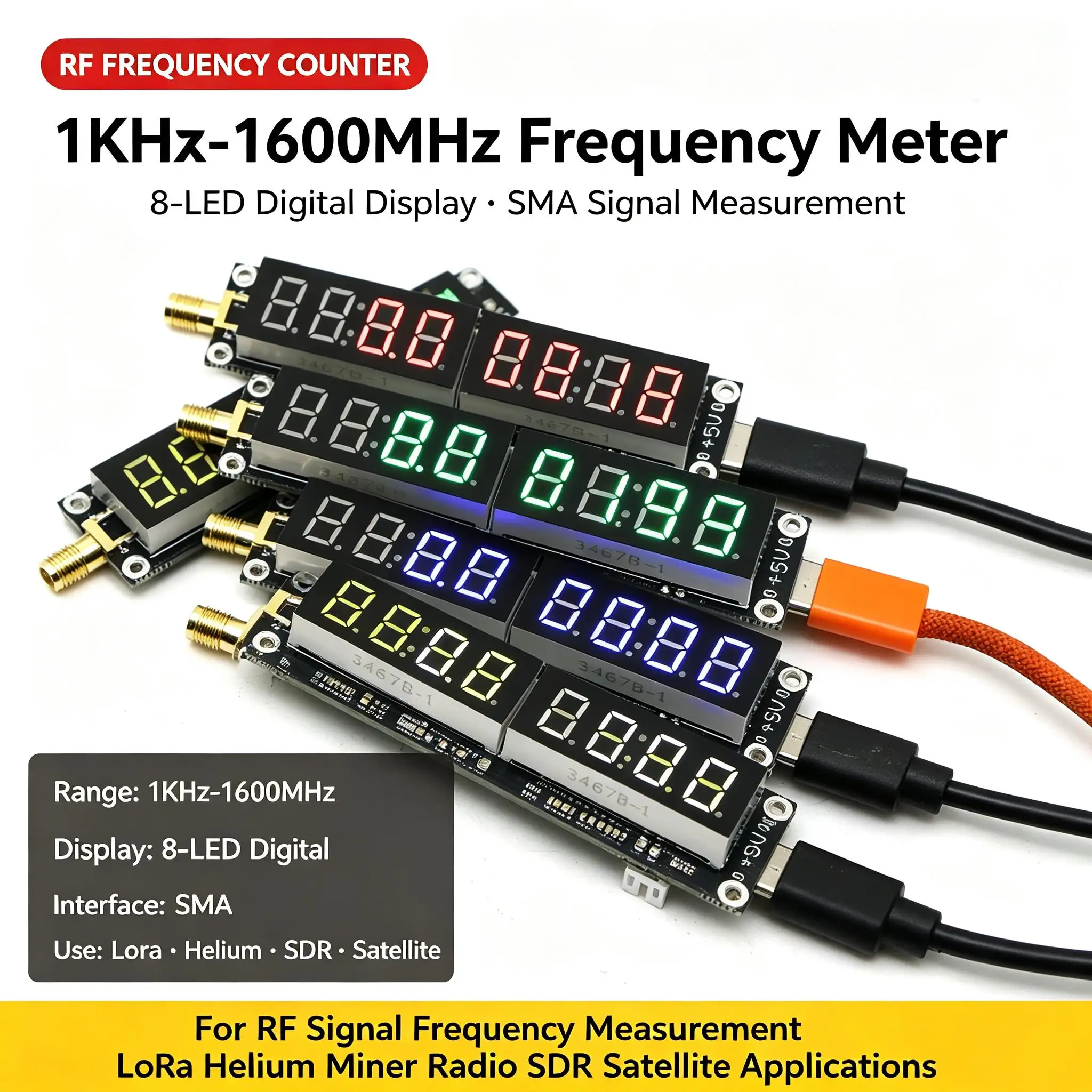 DYKB 1KHz-1600MHz RF Frequency Counter Cymometer 8-LED Digital Frequency Meter SMA Tester Module LoRa Helium Miner Radio SDR