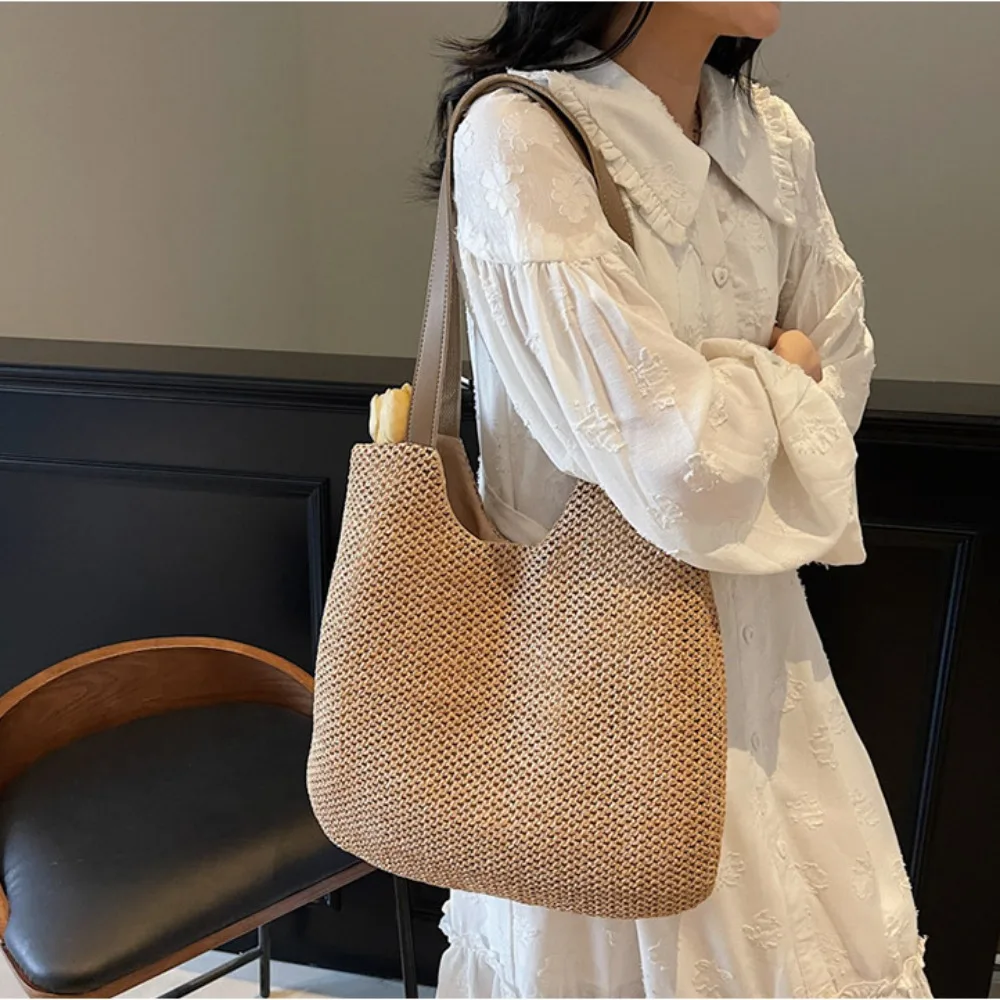 

Cute Square Weave Straw Tote Bag Magnetic Buckle Large Capacity Beach Bag Handbag Bohemian Style Raffia Shoulder Bag Girls