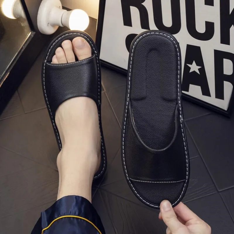 Big sizes Genuine Cow Leather Slippers Homes in indoor slipper summer open toe sandals men women elderly casual Slides shoes