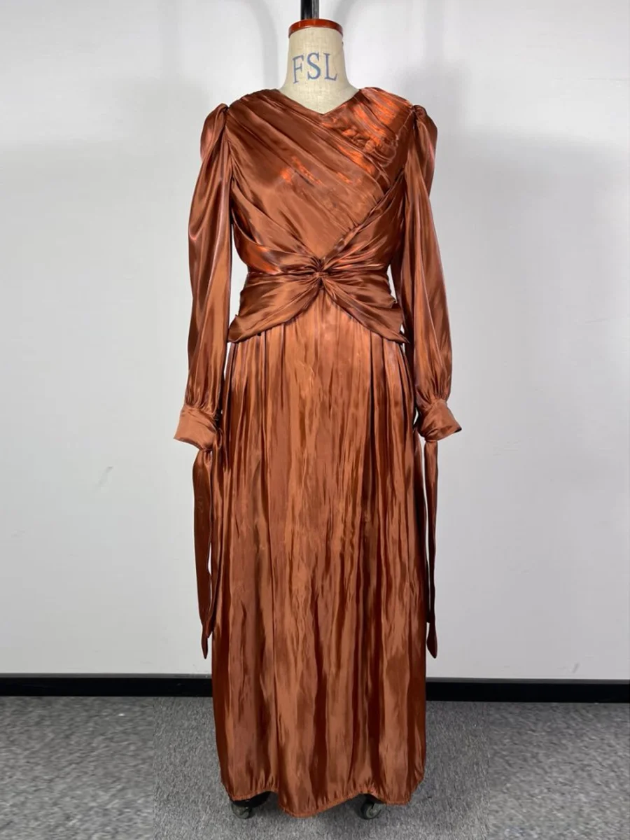 VGH voir à travers les plis brillants robe de soirée pour les femmes col rond lanterne manches taille haute épissé à lacets moulante longues robes femme