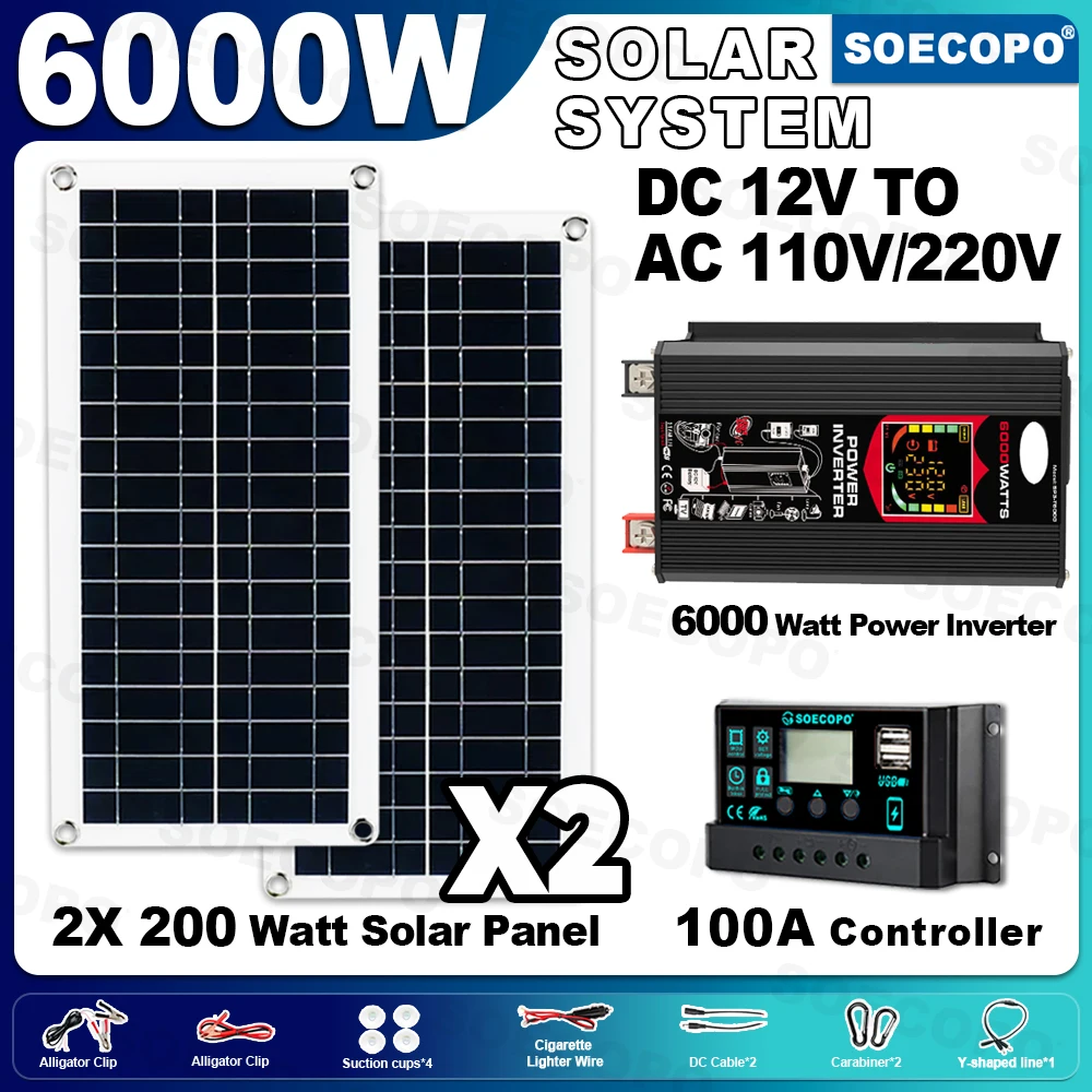 

SOECOPO 6000W Solar System Complete Home Solar Kit DC 12V To AC 110V/220V Inverter 2*Solar Panels 100A Controller Camping Energy