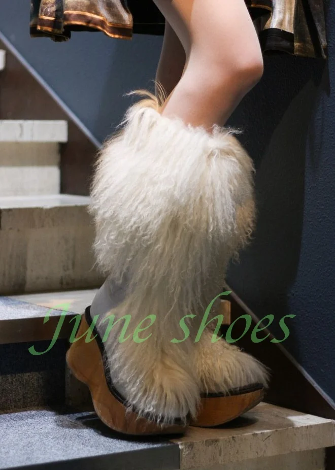 Lady Y2K Style Fur White Platform Knee Boots Footwear Runway Fall Runway Fur Elegant Gladiator Style Knee Boots Father Daily 46