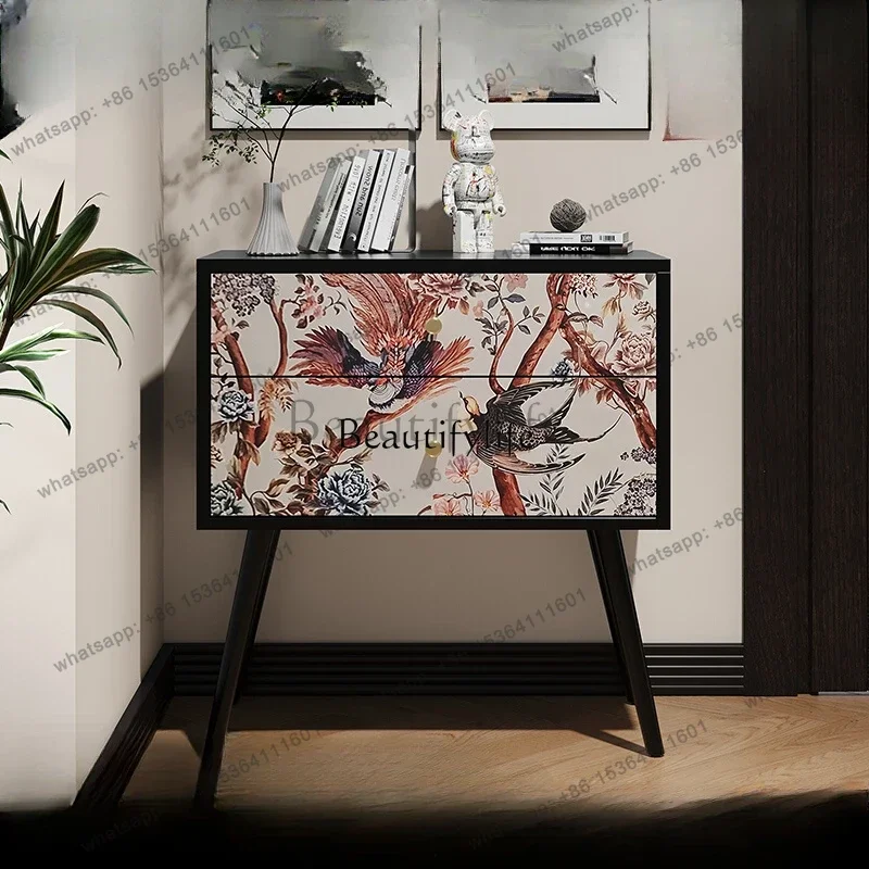 

pg45American light retro entrance cabinet French painted flower and bird picture decorative drawer cabinet
