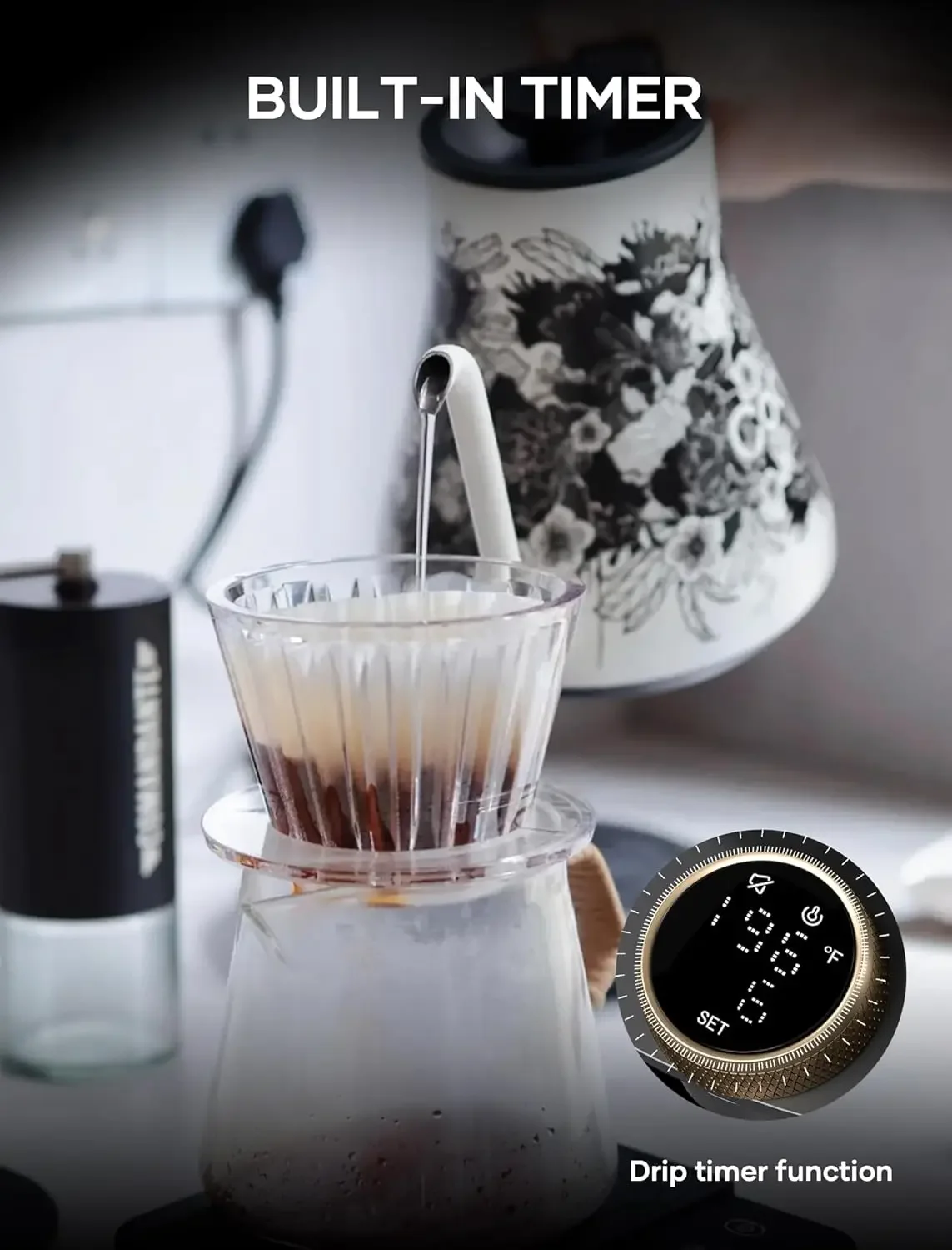 غلاية كهربائية معقوفة مع تحكم في درجة الحرارة، صب فوق القهوة والشاي، 1200 وات لزمن الغليان السريع 180 ثانية، 600 جرام خفيف للغاية،