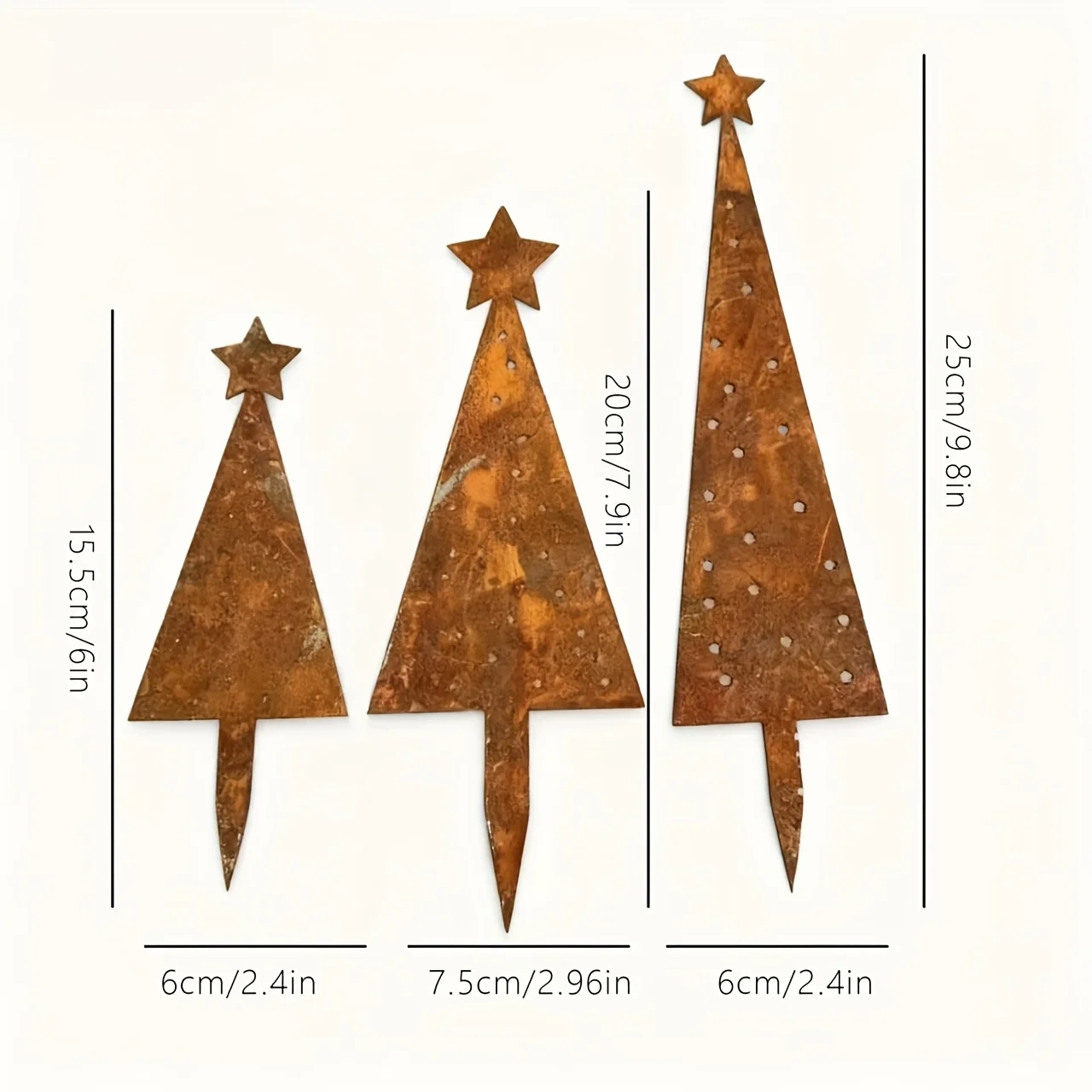 [2D Flat] 3pcs Vintage Patina Cast Iron Christmas Tree Outdoor Garden Ground Plug Ornament, Garden Stake - Farmhouse Decor