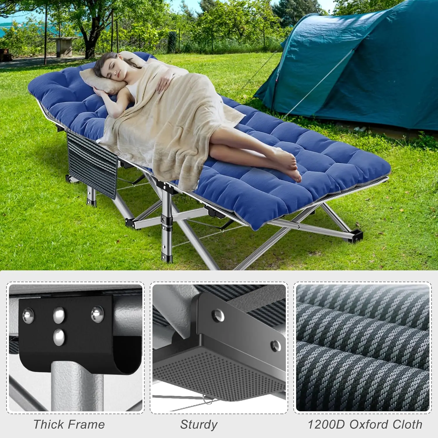 Camping Cot W/Mat for Adults, Heavy Duty Outdoor Bed with Carry Bag,1200 D Layer Oxford Travel Camp Cots