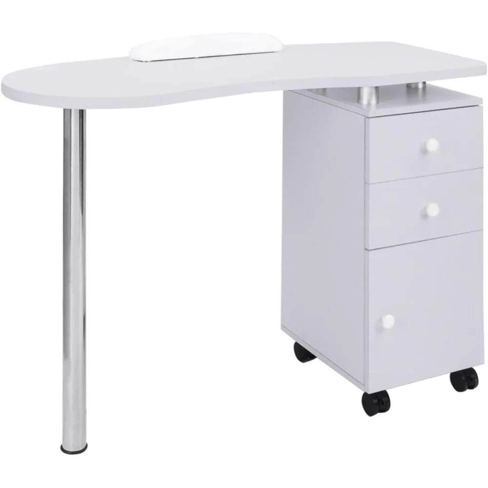 

Manicure Table Nail Desk with Drawers Single Cabinet on Wheels &Arm Rest Cushion, Mobile Beauty Spa Salon Home Wooden Technician