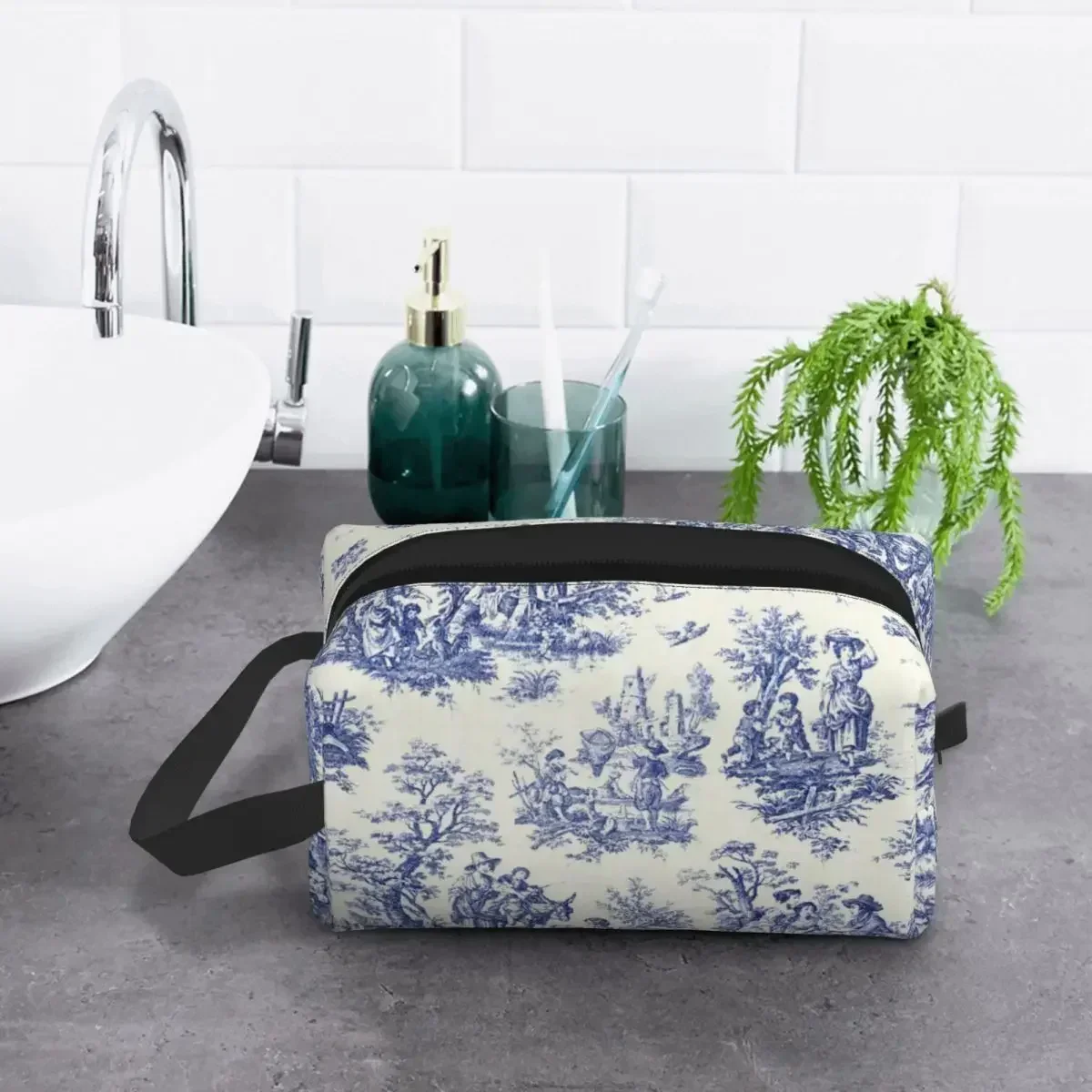 French Navy Blue Toile De Jouy Motif Pattern Travel Cosmetic Bag for Art Makeup Toiletry Organizer Lady Beauty Storage Dopp Kit