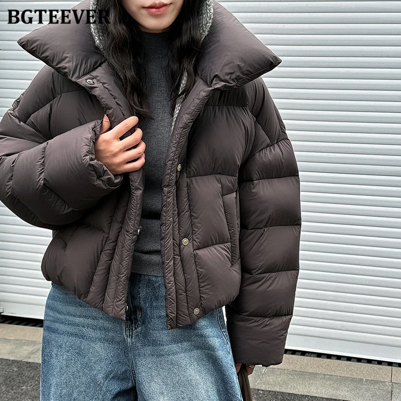 BGTEEVER スタイリッシュな厚手暖かいルーズスタンドカラー女性綿パッド入りジャケット冬長袖女性シングルブレストパーカー